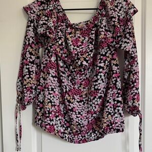 Michael Kors Floral Ruffle Blouse - Pink, White, Black